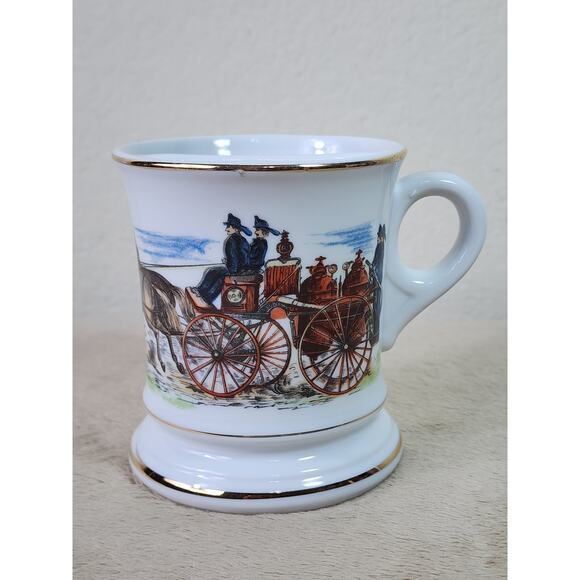 Mustache Shaving Mug Gold Rim 4" Porcelain Fireman Horse-Drawn Wagon 80s Vintage - Picture 1 of 13